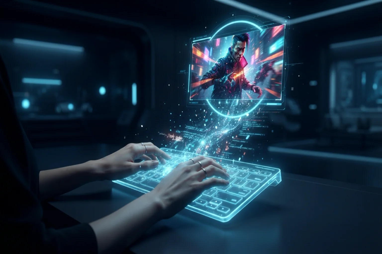 Wan 3.0 step 1 — type your prompt on a holographic keyboard, text flowing into a video frame